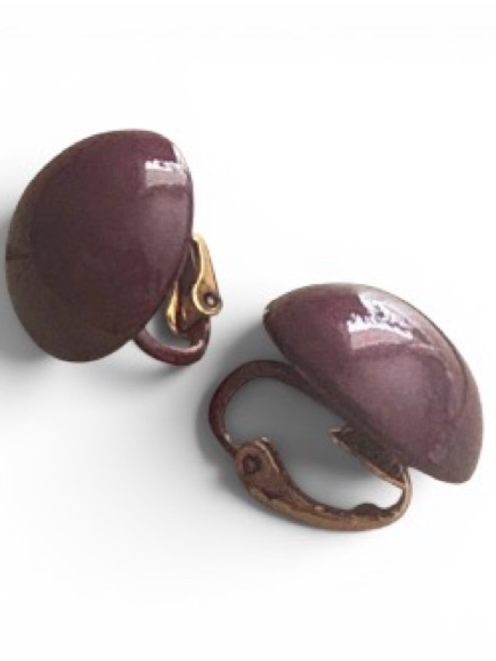 Vintage Avon Burgundy Plum Glossy Enamel Dome Earrings Gold Tone Clip-On 1/2”
